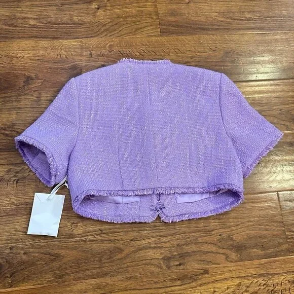 NWT Ronny Kobo Mindy Cropped Short-Sleeve Windowpane Boucle Jacket - Picture 7 of 7